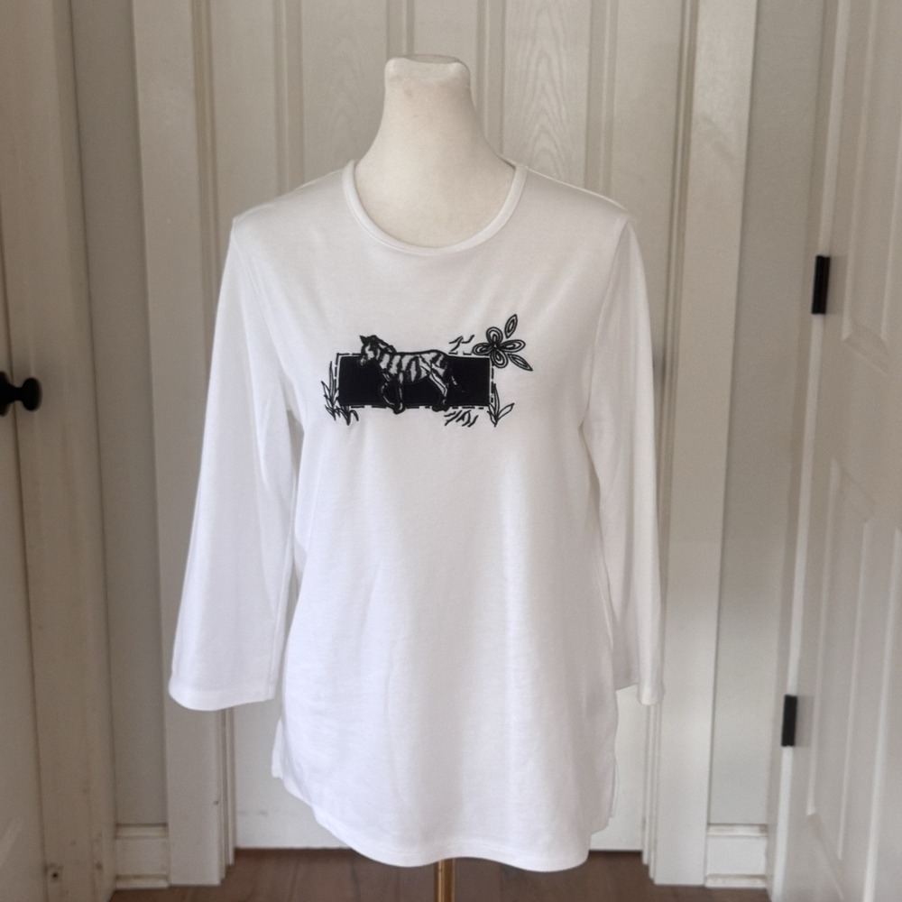 Allison Daley Dressy Everyday Top Zebra Embroidery Womens Small White Shirt